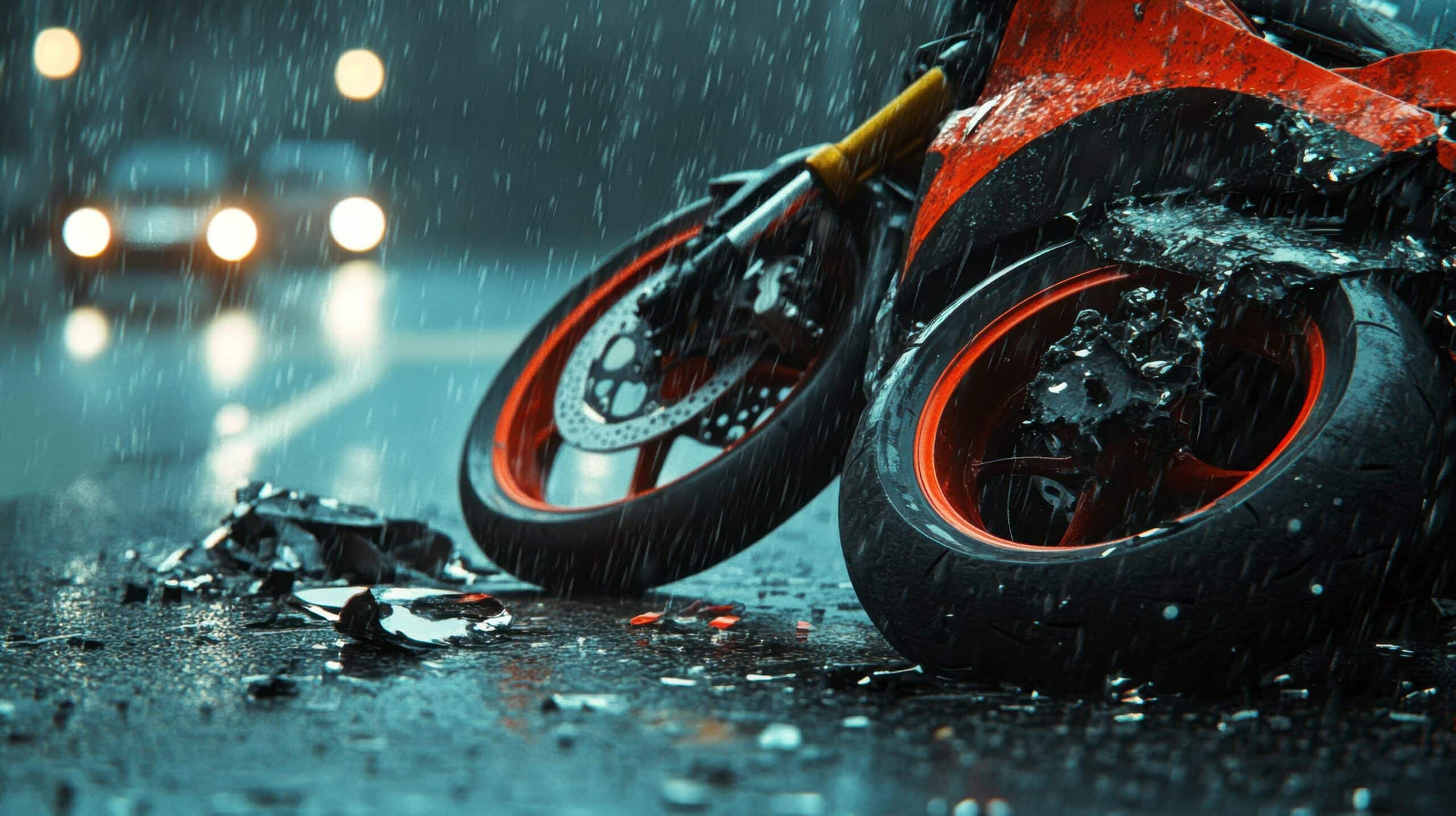 Motorcycle Accident Scene with Rainy Weather and Damaged Vehicle